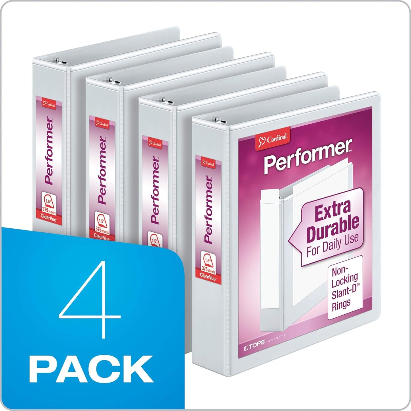 Cardinal Performer 3-Ring Binders, 3", Non-Locking Slant-D Rings, 725-Sheet Capacity, ClearVue Presentation, Non-Stick, PVC-Free, White, 4-Pack (27600)