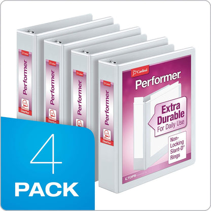Cardinal Performer 3-Ring Binders, 3", Non-Locking Slant-D Rings, 725-Sheet Capacity, ClearVue Presentation, Non-Stick, PVC-Free, White, 4-Pack (27600)