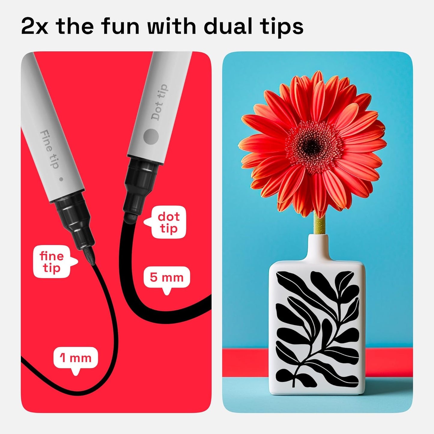 ARTISTRO 2 Red Dual-Tip Acrylic Paint Pens - Multisurface Markers for Glass, Rock, Fabric, Wood, Plastic & More - 1 mm Fine & Brush Tips