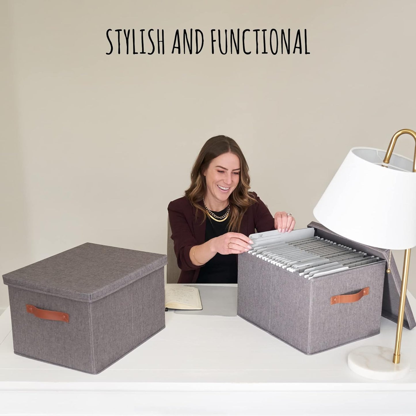 ZICOTO Decorative File Organizer Box Set of 2 - Collapsible Linen Filing Cabinets with Handles Are Perfect to Store All Your Documents & Hanging File Folders - Portable Easy Slide Crates with Lid