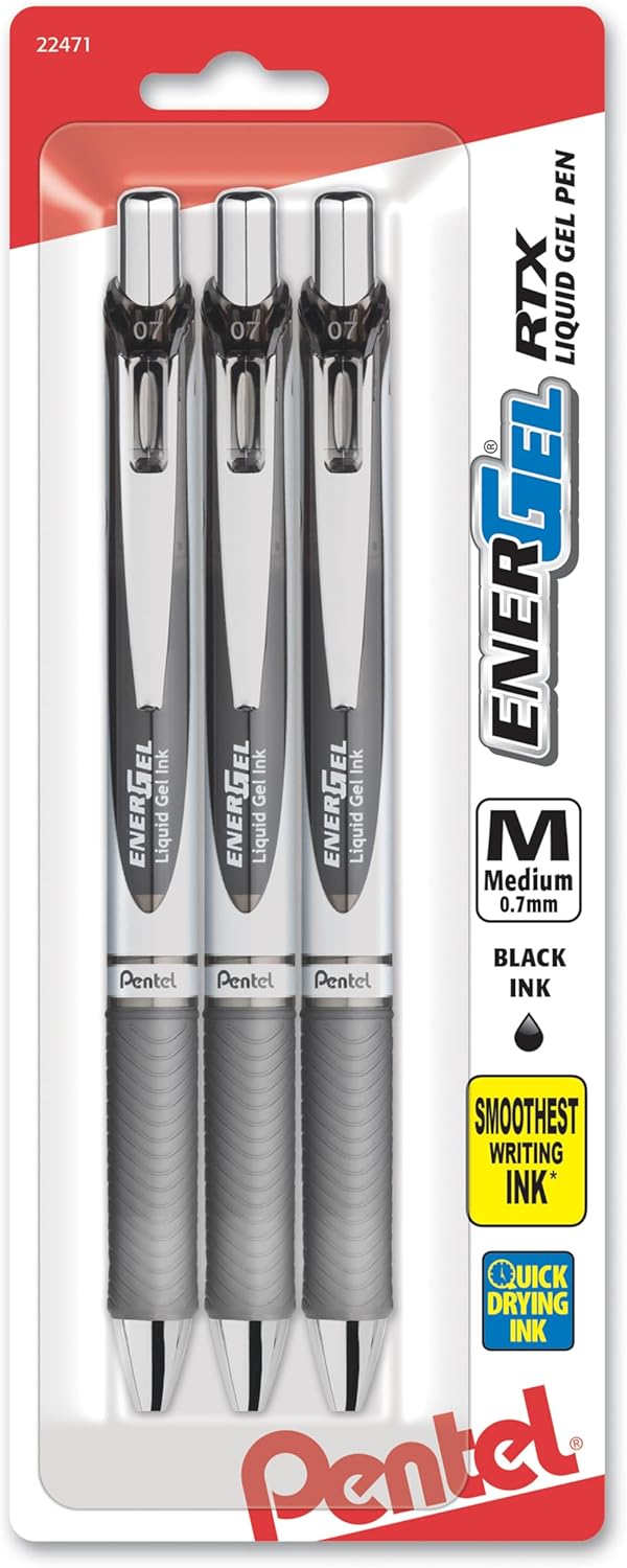 Pentel EnerGel RTX Liquid Gel Ink Pens, (0.7mm), Medium Line, Black Ink, Pack of 3 (BL77BP3A)