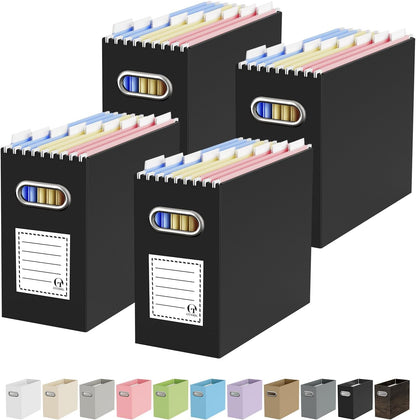 Oterri File Organizer Box, Portable Collapsible Cardboard File Folder Organizer with Handle for Letter Size Hanging Files, Document Storage Box for Home Office & Classroom (4 Packs, Black)