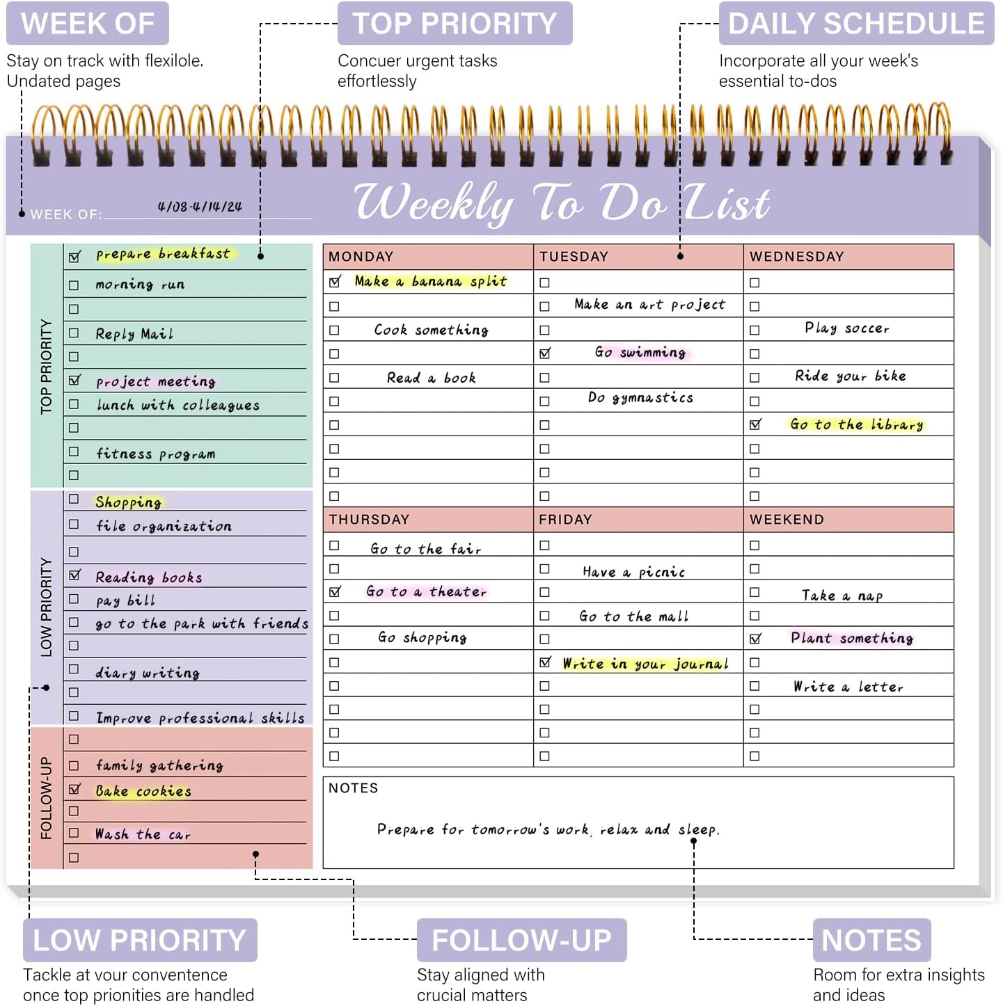 Weekly To Do List Notepad with 52 Undated Sheets（8.5"×11"）- Weekly Desk Planner Pad with Spiral Binding for Women & Man, Office, School and Home Personal Organizer