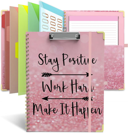 Clipboard Folio with Storage Clipboards Padfolio Notebook for Letter Size (11" x 8.5"), Pink Clipboards with 10 Pockets and 5 Folders Nursing Teacher School Essentials (Stay Positive)