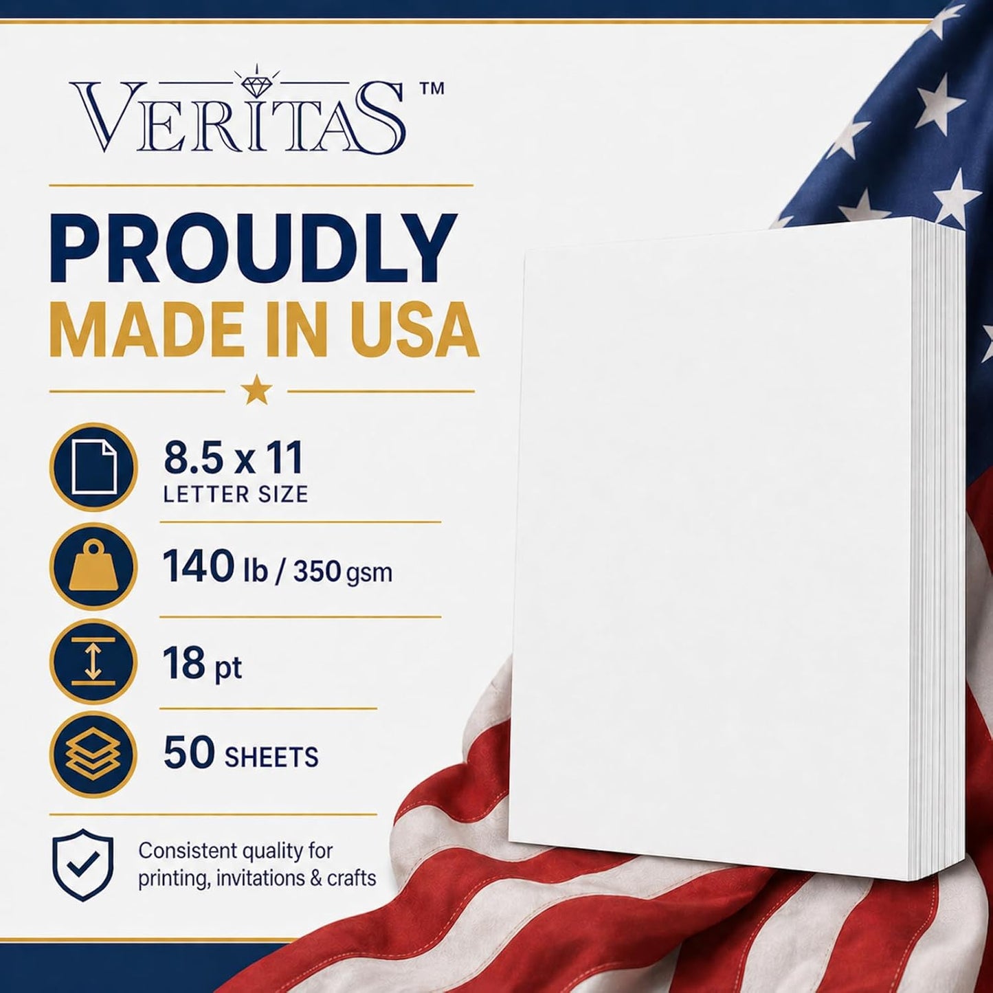 Veritas White Cardstock 8.5 x 11”, 110LB Index/199GSM Heavyweight Card Stock, 100 Sheets, Thick Cardstock Printer Paper for Copy, Printing, Art Projects, Invitations, Made In USA