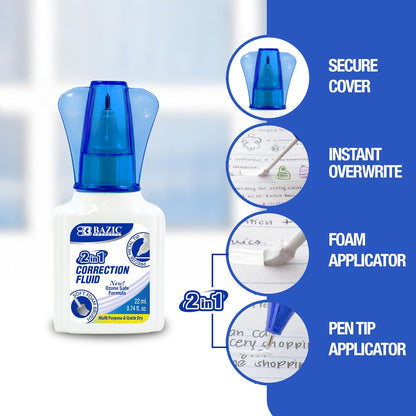 BAZIC Products Correction Liquid 2 in 1 (0.74 oz / 22 ml), Foam Brush & Precise Metal Tip Applicator, Instant Corrections Pen White Out Wipe Out Fluid, 1-Pack