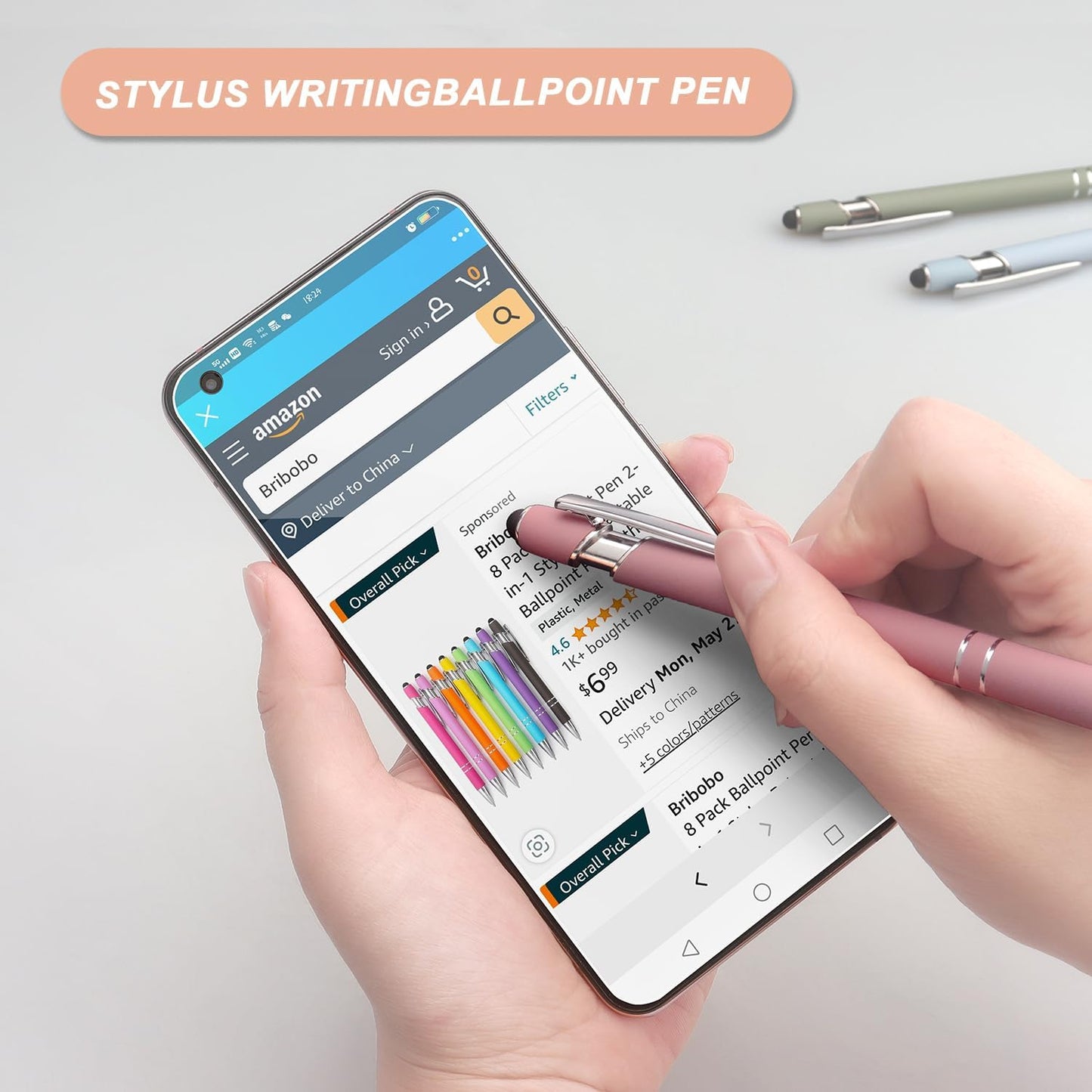 Bribobo 8 Pack Ballpoint Pen 2-in-1 Stylus Retractable Ballpoint Pen with Stylus tip, Metal Stylus Pen for Touch Screens, 1.0 mm Black Ink