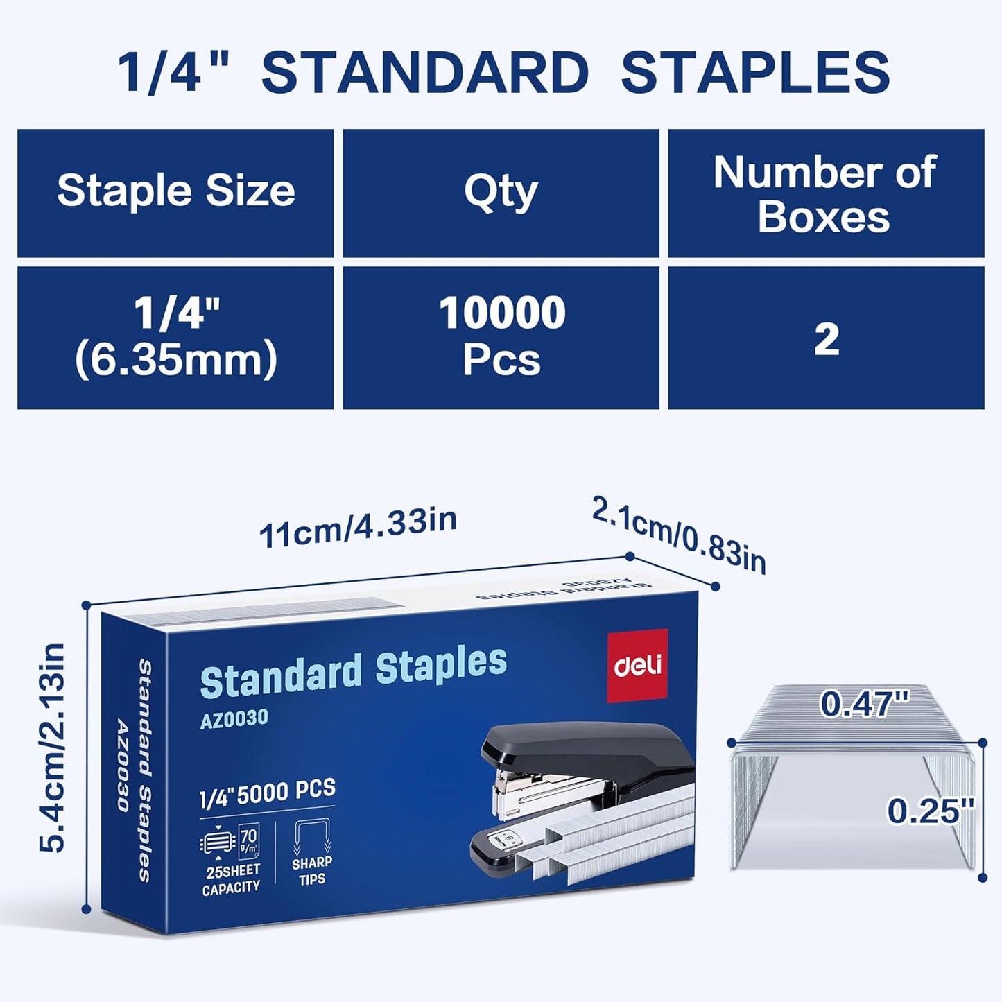 Deli Staples, 10000 Staples, Standard Staple for Desktop Staplers, 1/4'' Length, 210/Strip, 2 Boxes of 5000 Each