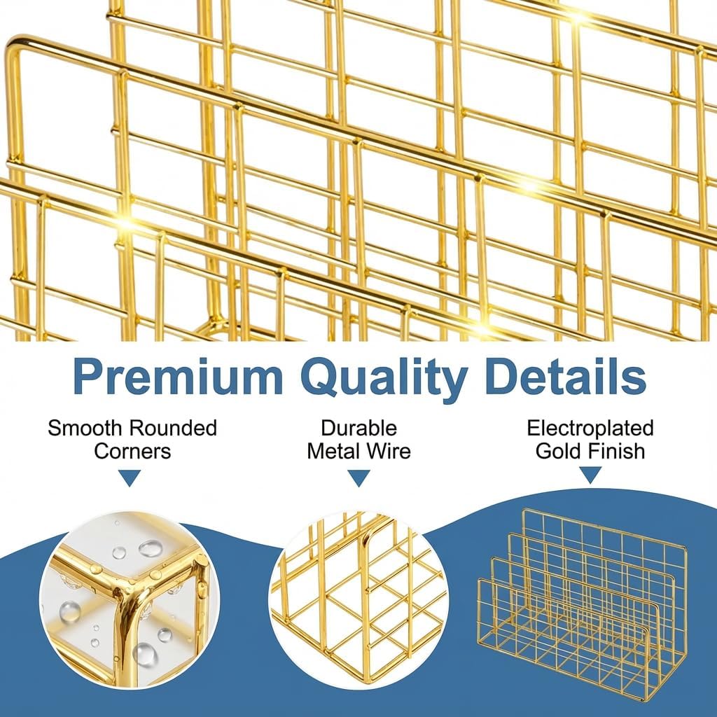 Simmer Stone Gold Letter Sorter Organizer for Desk, Premium Plated Metal Mail Holder with 3 Upright Slots, Ultra-Stable & Non-Wobbling Desktop Organizer for Envelopes, Documents, Palettes 9.5“ x 4.7 ”