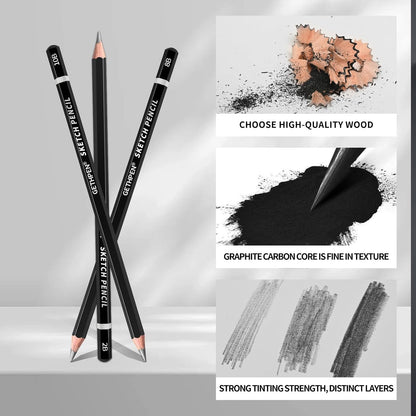 Drawing Sketching Pencil Set, 24 Piece Pro Artist Sketch Kit - Graphite Pencils (12B-4H),Charcoal Pencils for Drawing,Black and White Charcoal Pencils,Charcoal Sticks,Stumps,Eraser,Sharpeners
