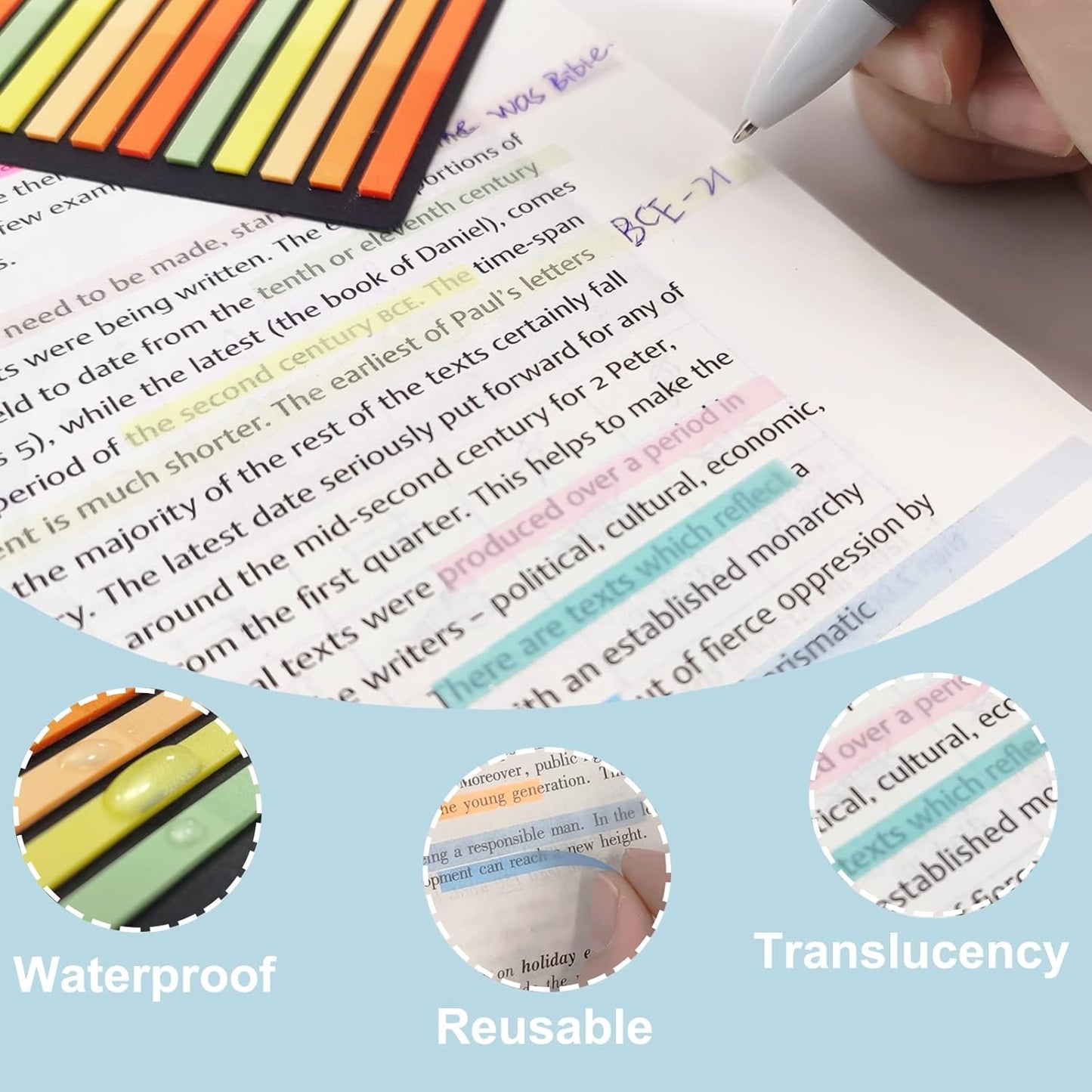 Potanro Sticky Tabs 1200 Pcs Sticky Book Tabs Colorful Annotation Tabs, Writable Transparent Sticky Notes Page Sticky Notes for School Supplies and Office Supplies (6 Sheets)
