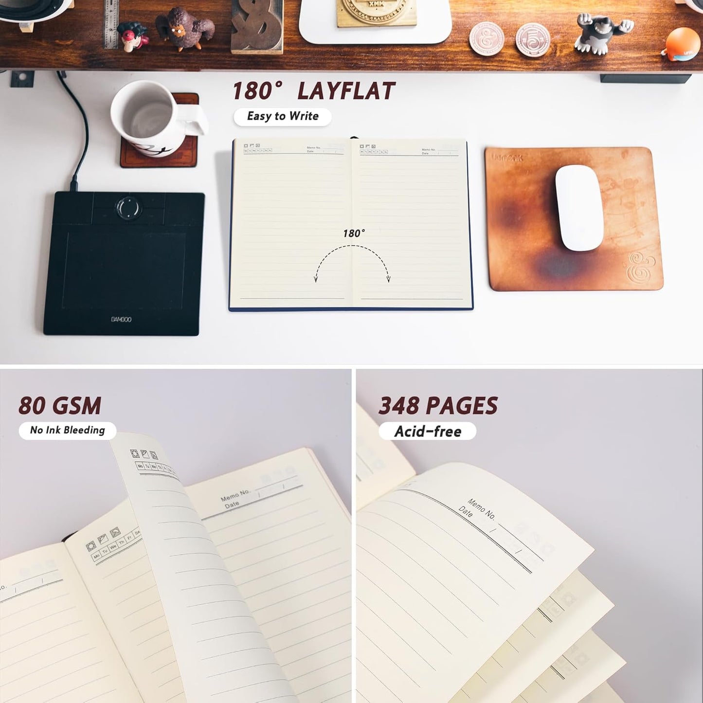 BOBO RABBIT Softcover Lined Journal Notebook 348 Pages Lay-Flat Bound Soft Leather Journaling Notebook for for Writing Work School Office Note Taking, 5.75"x8.31" Grey