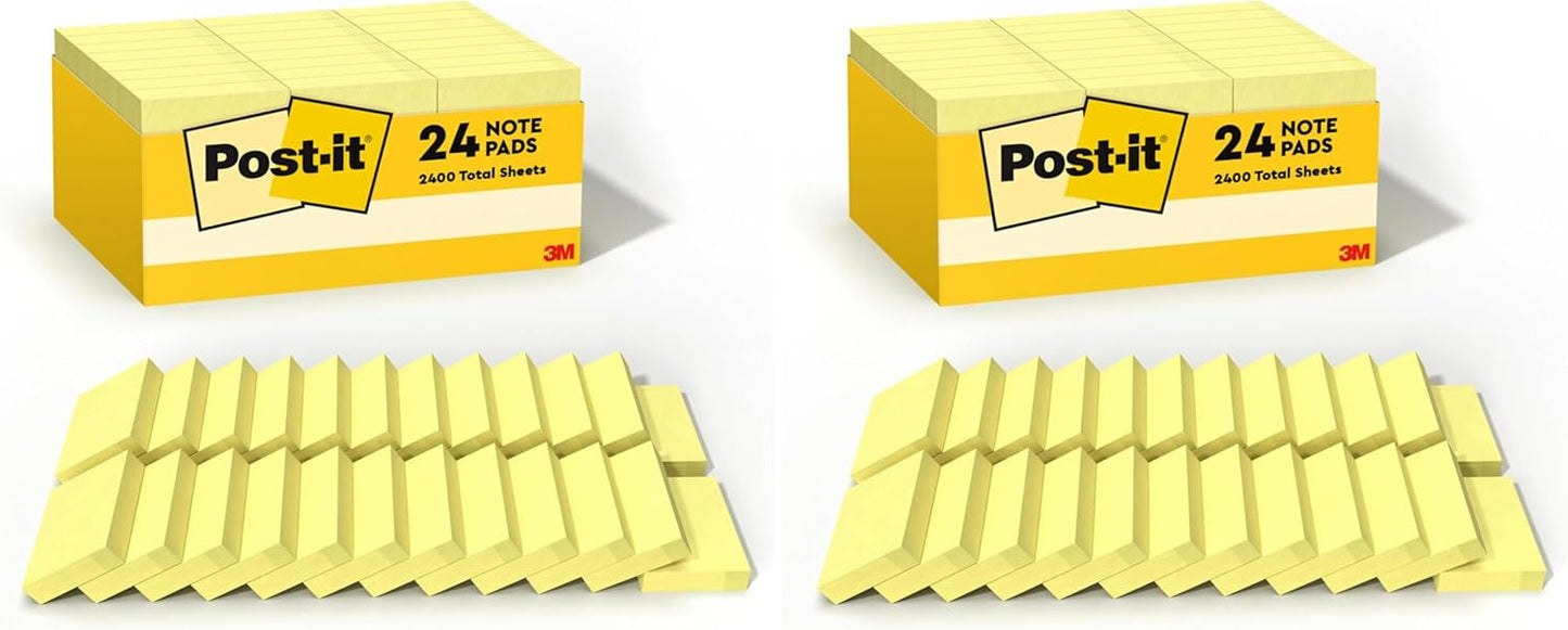 Post-it Notes, 1/3/8 x 1 7/8 in, 24 Sticky Notes Pads, 100 Sheets per Pad, Canary Yellow, The Original Post-it Note, School Supplies and Oﬃce Products
