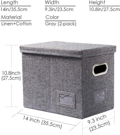 PRANDOM File Organizer Box - Collapsible Decorative Linen Filing Storage with Lids for Letter Size - Grey (14x9.3x10.8 inch)