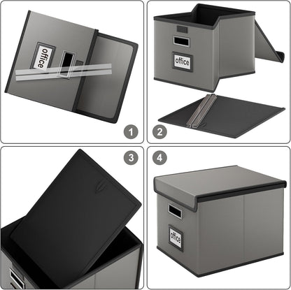 Huolewa Upgraded Portable File Organizer Box with Lid, Collapsible Linen Hanging Filing Storage Boxes with Plastic Slides, Decorative Home/Office Filing System Box for File and Folders Storage (Gray)