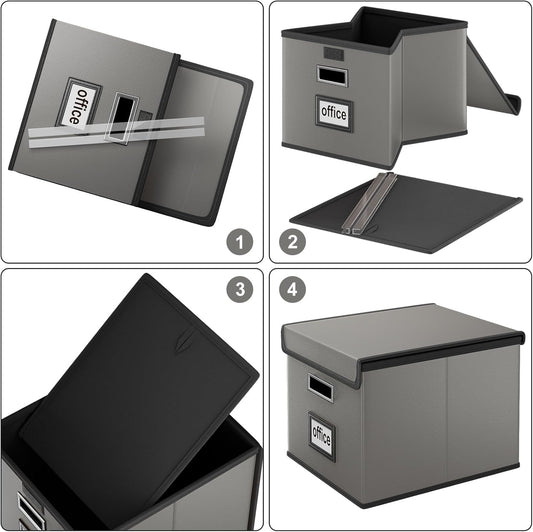 Huolewa Upgraded Portable File Organizer Box with Lid, Collapsible Linen Hanging Filing Storage Boxes with Plastic Slides, Decorative Home/Office Filing System Box for File and Folders Storage (Gray)