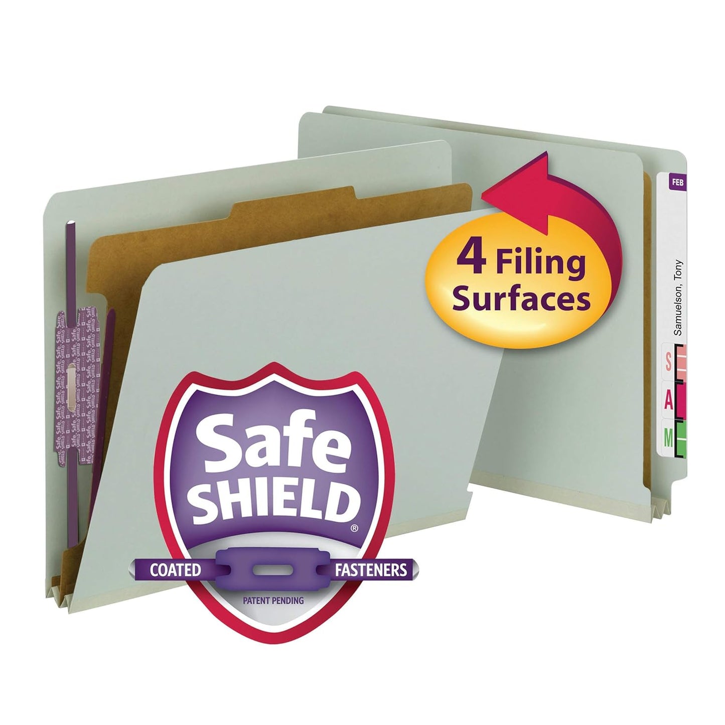 Smead End Tab Pressboard Classification File Folder with SafeSHIELD® Fasteners, 1 Divider, Gray/Green, Letter Size, 10 per Box (26800)