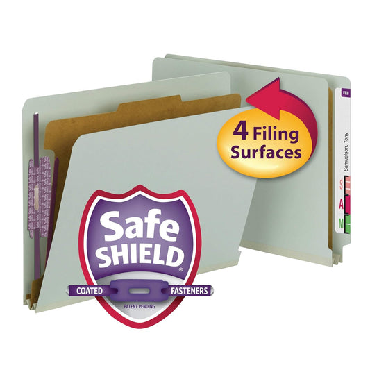 Smead End Tab Pressboard Classification File Folder with SafeSHIELD® Fasteners, 1 Divider, Gray/Green, Letter Size, 10 per Box (26800)