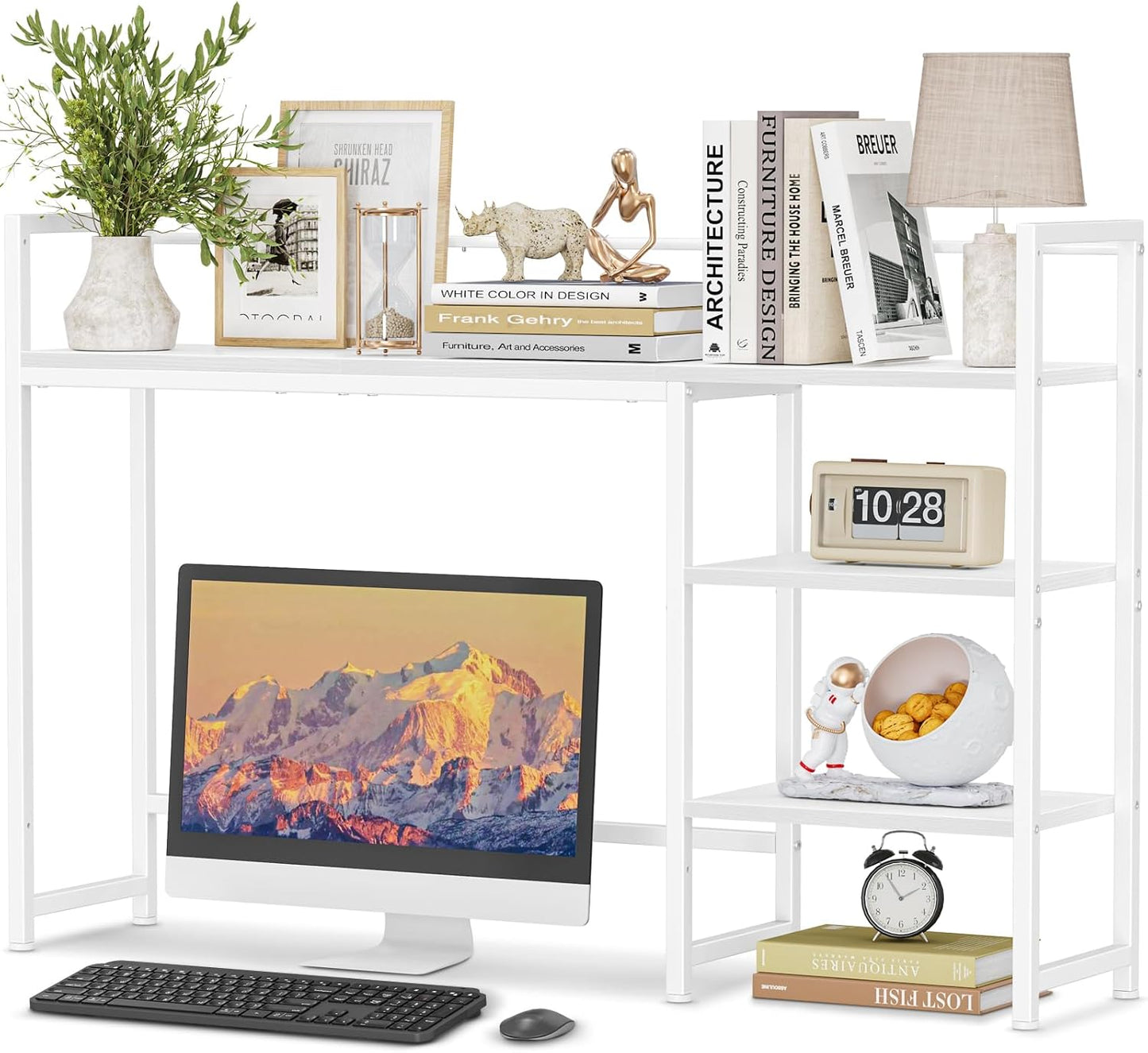 Snughome Desk Shelf, 38.6" Desktop Organizer Shelf, Desk Hutch for Computer Monitor, 4 Tier Desk Display Rack, Wood Desktop Bookshelf Storage Rack for Home Office Dorm, Rustic Brown | Desk Hutch, Computer Monitor, Desktop Display Rack, Home Office Dorm