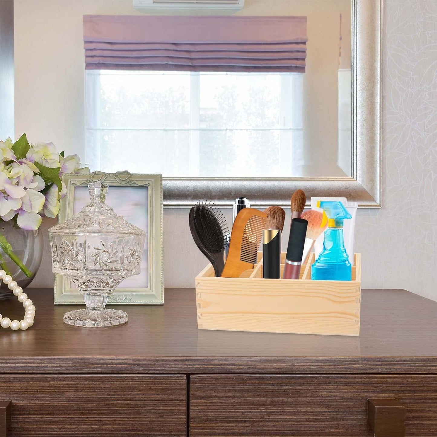 Wood Pen Holder, Unfinished Wooden Remote Control Pencil Holder Caddy, Rustic Table Organizer with 6 Compartments for Art Supplies, Pen, Phones, Home, Office, School Desktop
