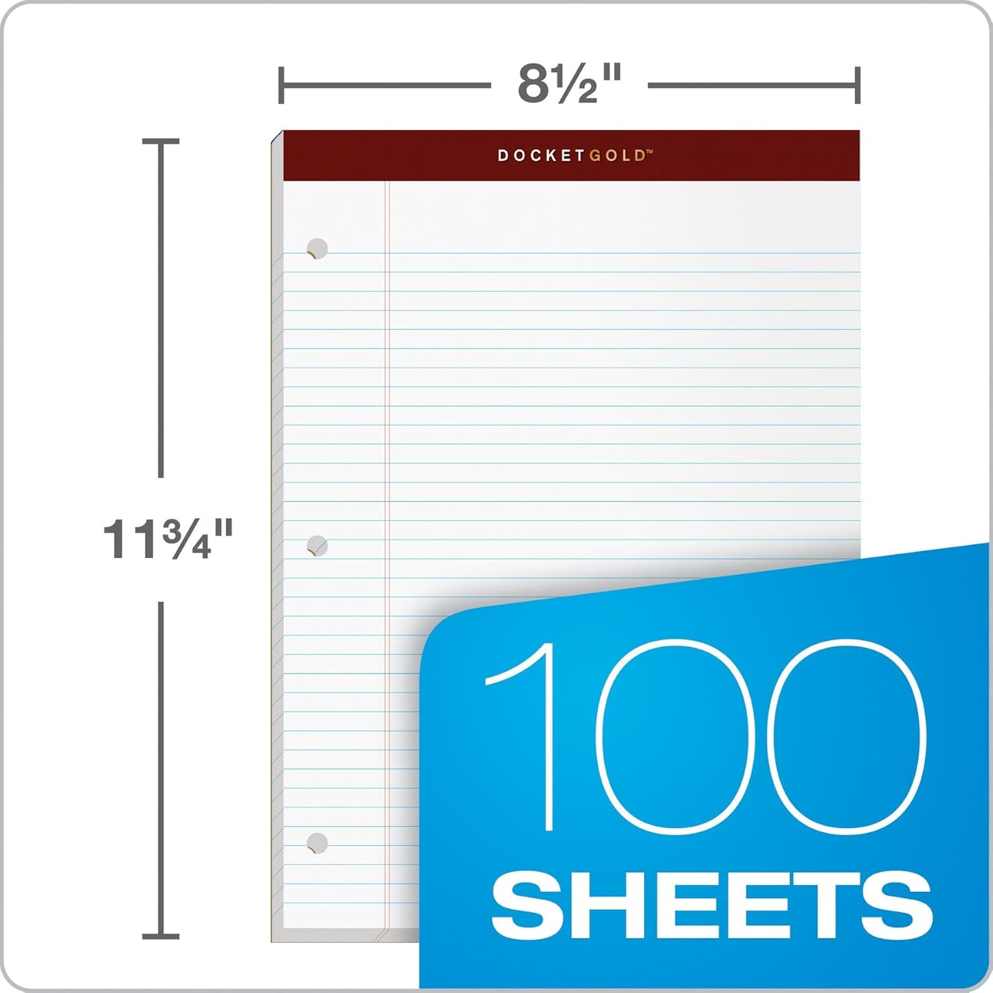 TOPS Docket Gold Writing Pads, 8-1/2" x 11-3/4", Narrow Rule, 3-Hole Punched, White Paper, 100 Sheets, 2 Pack (99706)
