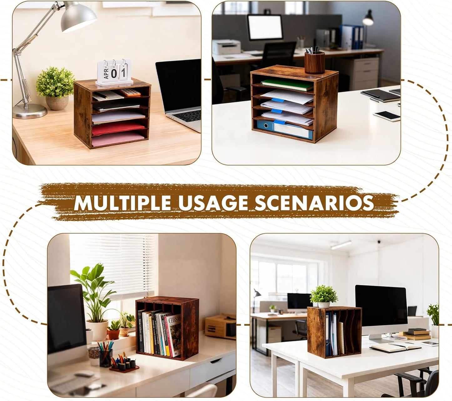 EMERIT 4-Tier Adjustable Paper Organizer, Large Capacity Desktop Organzier for Textbooks/Magazines/Office Files, Wooden Dividers, 7 lbs per Shelf, White