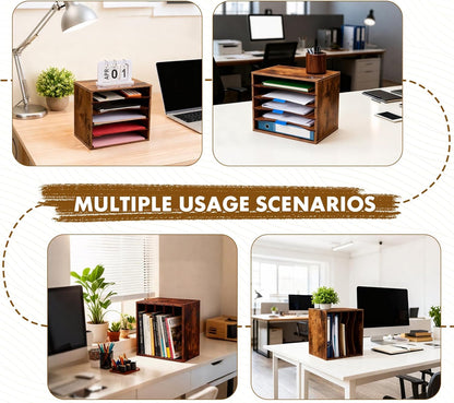 EMERIT 4-Tier Adjustable Paper Organizer, Large Capacity Desktop Organzier for Textbooks/Magazines/Office Files, Wooden Dividers, 7 lbs per Shelf, White