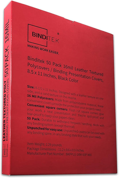 Binditek 100 Pack 16 Mil Leather-Textured Heavyduty Polycovers, Plastic Binding Presentation Covers, Letter Size, 8-1/2 x 11", Square Corners, Un-Punched, Black