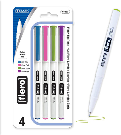 BAZIC Products Fiero Fiber Tip Pen, Fineliner Pens 0.4mm Blue Color Extra Fine Point, Writing Drawing for Graphic Office School (4/Pack), 1-Pack