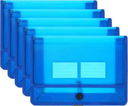 Eco-Friendly Plastic File Folders, Expanding Poly File Wallet, Transparent Expandable Envelope Organizer Document Folder with Elastic Band and Button Closure, with Small Two Pockets, 5 Colors