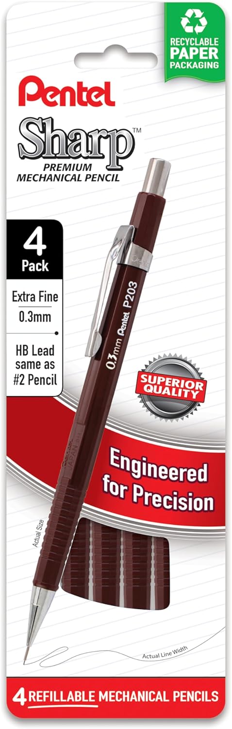 Pentel Sharp Mechanical Pencil, (0.7mm), Medium Line, Blue Barrel, Pack of 4 (P207PF4C)