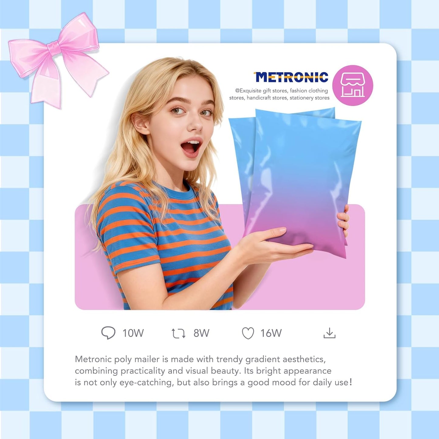 Metronic Cute Poly Mailers 10x13" 50pc Small Shipping Bags, Strong Adhesive Mailers Poly Bags for Business, Waterproof Mailing Envelopes for Packing Shipping Clothes Gifts, Gradient BluePink