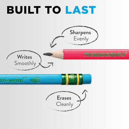 Ticonderoga My First Tri-Write Wood-Cased Pencils, Pre-Sharpened, 2 HB, With Erasers, Neon Colors, 12 Count