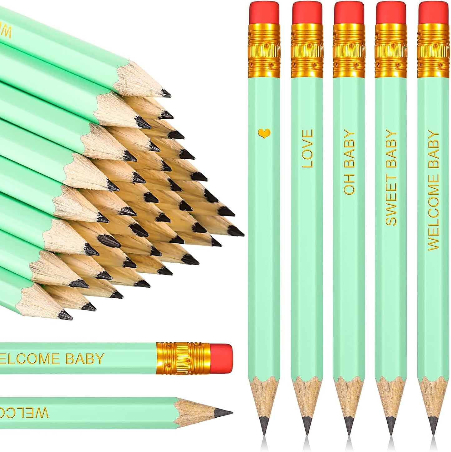Crtiin 50 Pieces Baby Shower Pencils for Activities Mini Golf Half Pencils, Presharpened with Erasers, 4 Inch(Wood Color,Simple Style)
