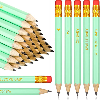 Crtiin 50 Pieces Baby Shower Pencils for Activities Mini Golf Half Pencils, Presharpened with Erasers, 4 Inch(Wood Color,Simple Style)