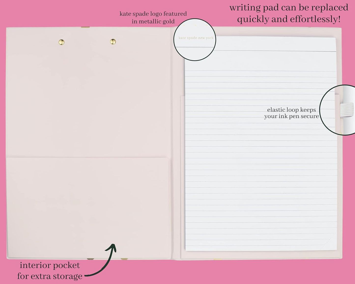 Kate Spade New York Clipboard Folio with Low Profile Clip, Black Professional Padfolio Includes Lined Notepad, Pen Loop, and Pocket, Polka Dots