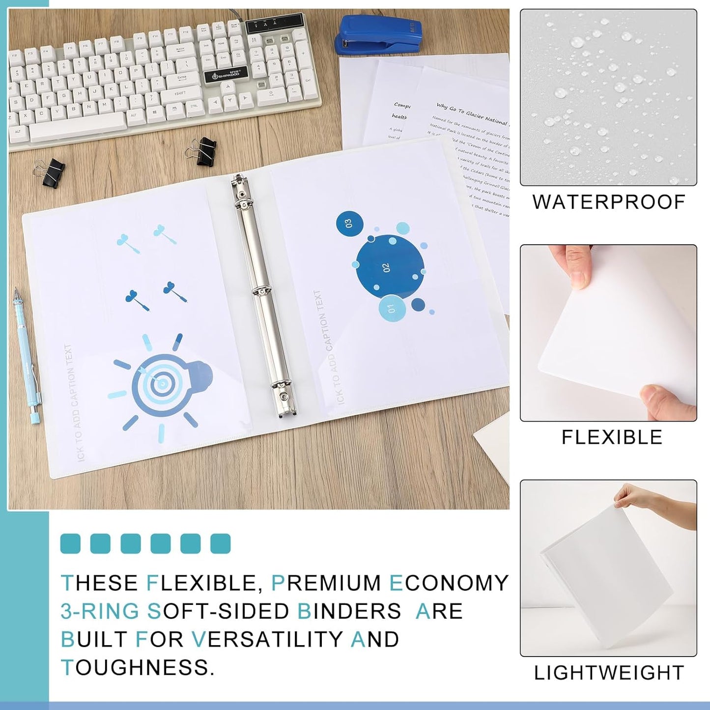 Fulmoon 12 Pcs Economy View 3 Ring Plastic Binder 12.2 x 9.8 Inch Plastic Round Ring Binders with Pockets Notebinder for Meetings for Home, Office, School(White, 1/2 Inch)