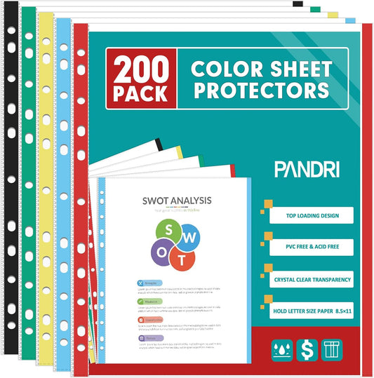 Sheet Protectors, PANDRI 300 Pack Color Heavy Duty Plastic Page Protectors Sheet Reinforced 11-Hole Fit for 3 Ring Binder Fits Standard 8.5 x 11 Paper, 9.25 x 11.25 Top Loaded, Excluding Acid