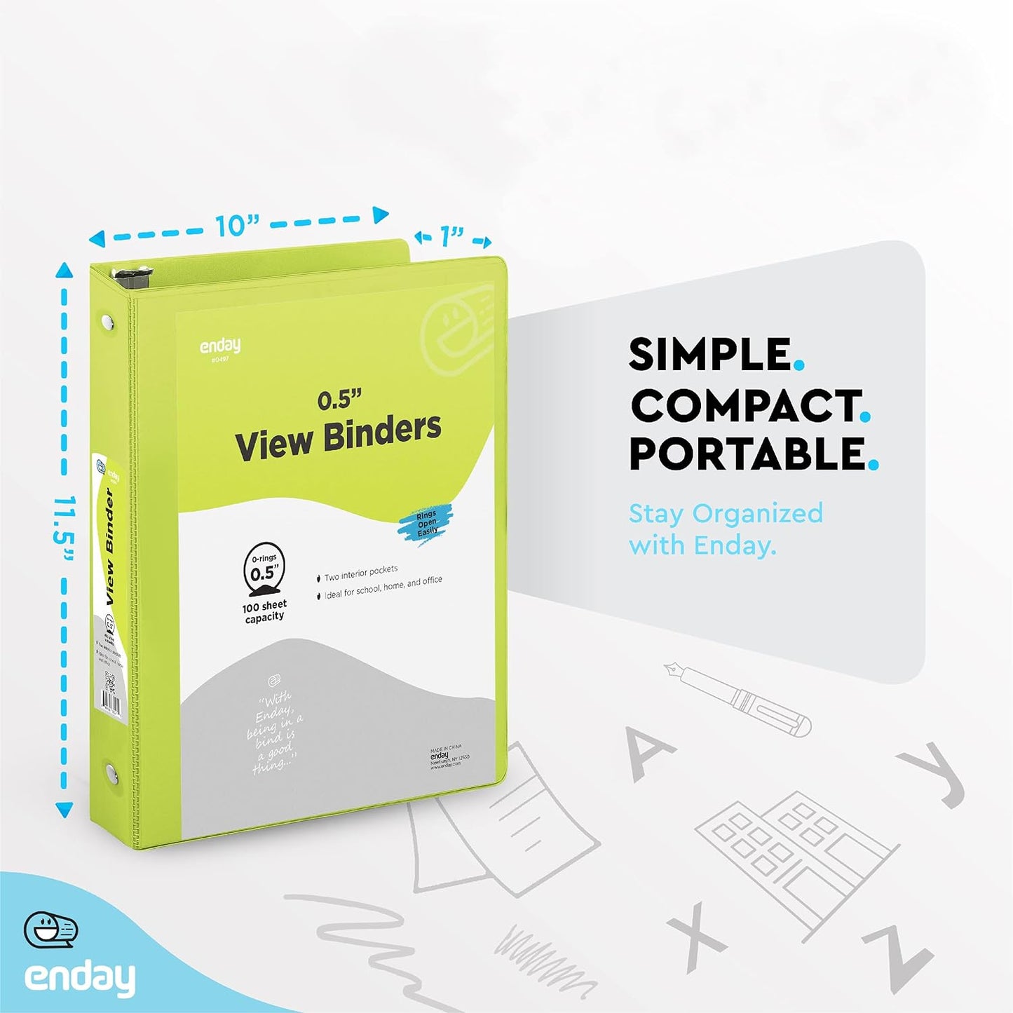 3 Inch Binder 3 Ring Binders Green, Slant D-Ring 3” Clear View Cover with 2 Inside Pockets, Heavy Duty Colored School Supplies Office and Home Binders – By Enday
