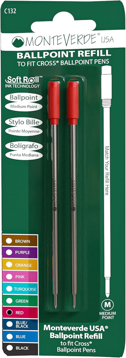 Monteverde USA Soft Ballpoint Refills to Fit Cross Pens, Medium Point, Green Ink, 2-Pack – Bold and Smooth Writing Solution