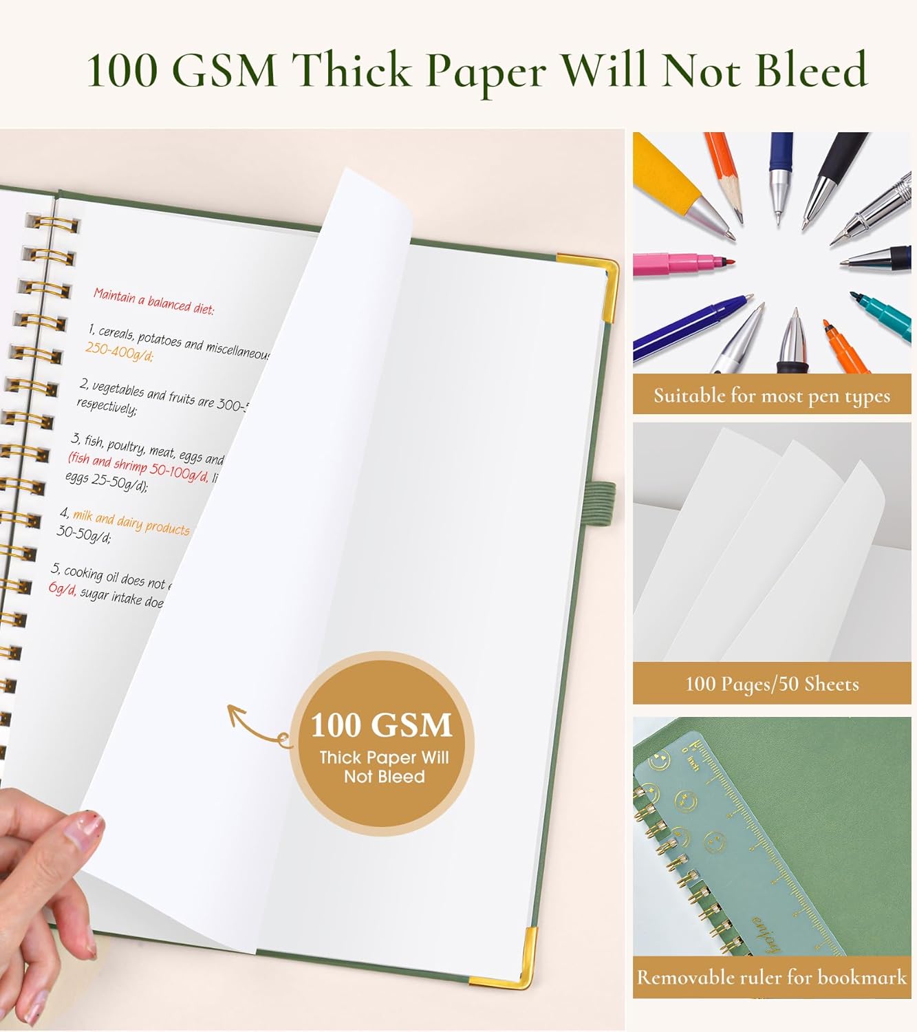 Hardcover Spiral Notebook Journal 8.5” x 11”, A4 Large Leather Notebooks for Women Men, Lined College Ruled Notebook, 50 Sheets/100 Pages, Spiral Bound Journals for Work School Note Taking, Green