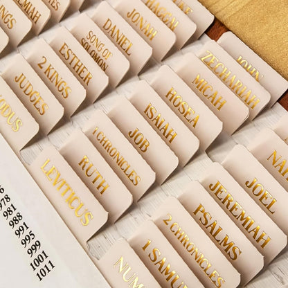 Laminated Bible Tabs, Gold Foil Embossed Lettering Bible Chapter Index Tabs for Women Men, Reposition Large Print Sticky Labels, Easy to Read and Apply, 105Chapters Labels for Easy Navigation (Black)