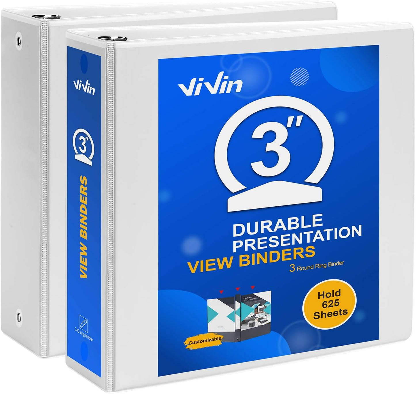 3 Ring Binder 1-1/2 Inch, ViVin Sturdy 1.5"-Round Ring Binder with 2 Interior Pockets, Clear View Cover, PVC-Free, Fits 300 Sheets of 8.5'' x 11'' Paper, Office Home School (6 Pack, White)