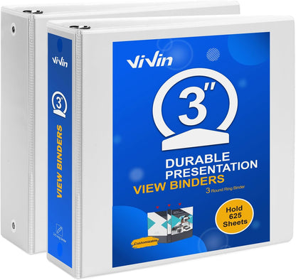3 Ring Binder 1-1/2 Inch, ViVin Sturdy 1.5"-Round Ring Binder with 2 Interior Pockets, Clear View Cover, PVC-Free, Fits 300 Sheets of 8.5'' x 11'' Paper, Office Home School (6 Pack, White)