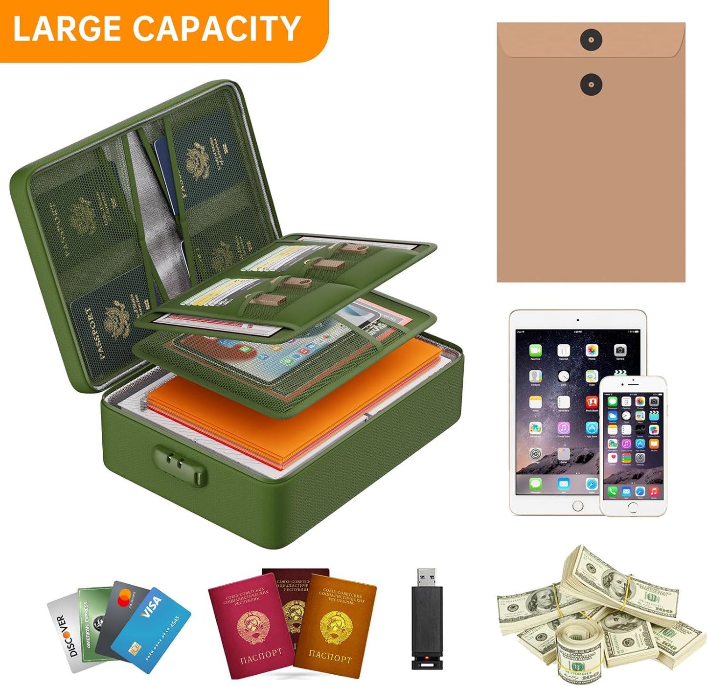 DocSafe 5200°F Document Organizer with Lock, Upgraded Heat Insulated Fireproof＆Water-Resistant Box 8 Layers File Organizer, Portable Home Travel Safe Storage for Important Documents and More