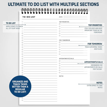 To Do List Notepad: With Multiple Functional Sections - 6.5 x 9.8" 60 Sheets - Spiral Daily Planner Notebook - Task CheckList Organizer Agenda Pad for Work - Note & Todo List Organization Notebooks