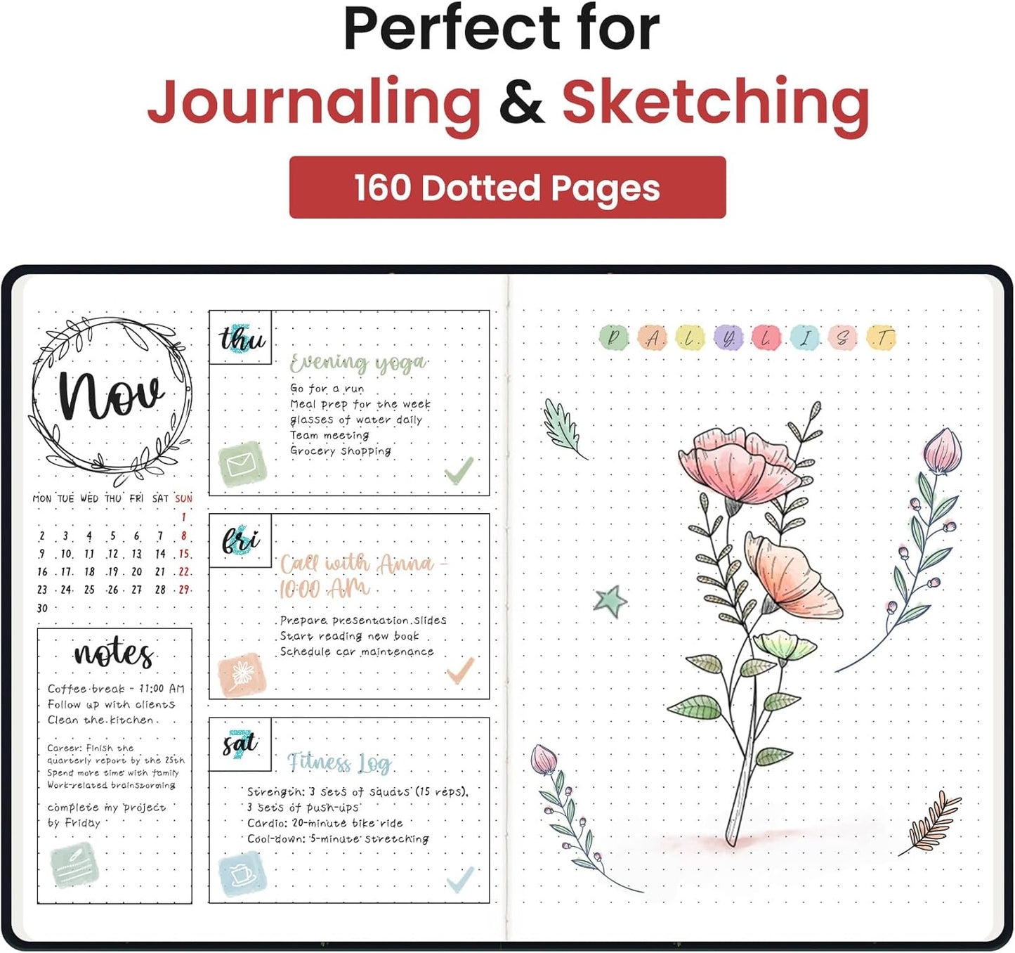Taja Pretty Lined Journal for Women, Aesthetic Cute Hardcover Leather Journal for Writing, A5 College Ruled Notebook for Work & Note Taking, Perfect for Office School Home, 160 Pages, Meadow Flowers
