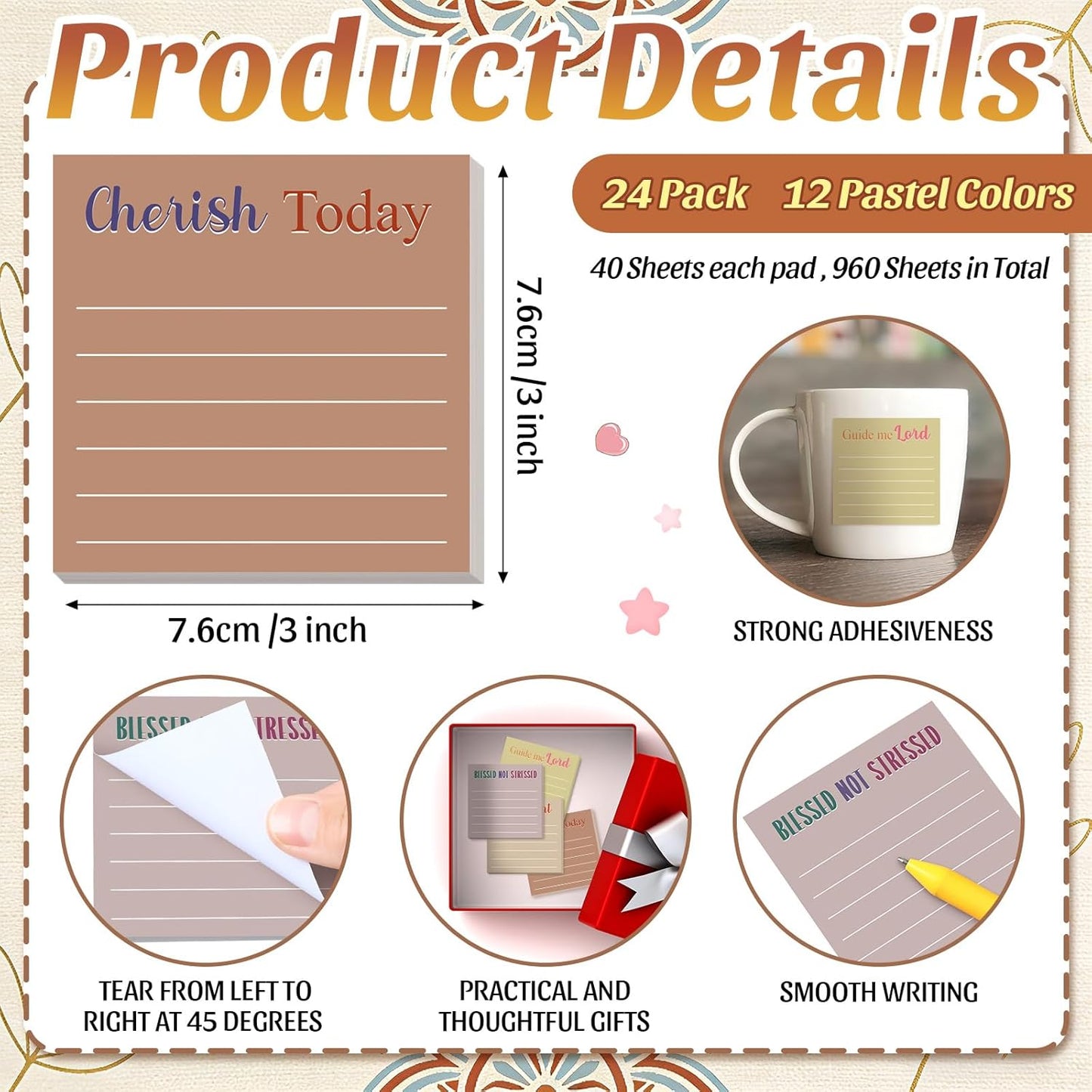 Yinder 48 Pcs Inspirational Sticky Notes Cute Motivational Sticky Notes Pad End of Year Employee Appreciation Gifts Bulk for Teacher Nurse Coworkers Office Supplies 3 x 3'' (Thank You,Dark Color)