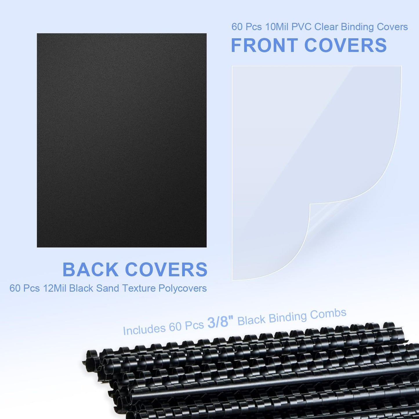 HOUYEE 120 Pack Binding Covers and Backs Set, 8.5x11 Inches, Including 60 Pcs 10 Mil Clear Binding Covers, 60 Pcs 12 Mil Black Plastic Sand Texture Polycovers, Letter Size