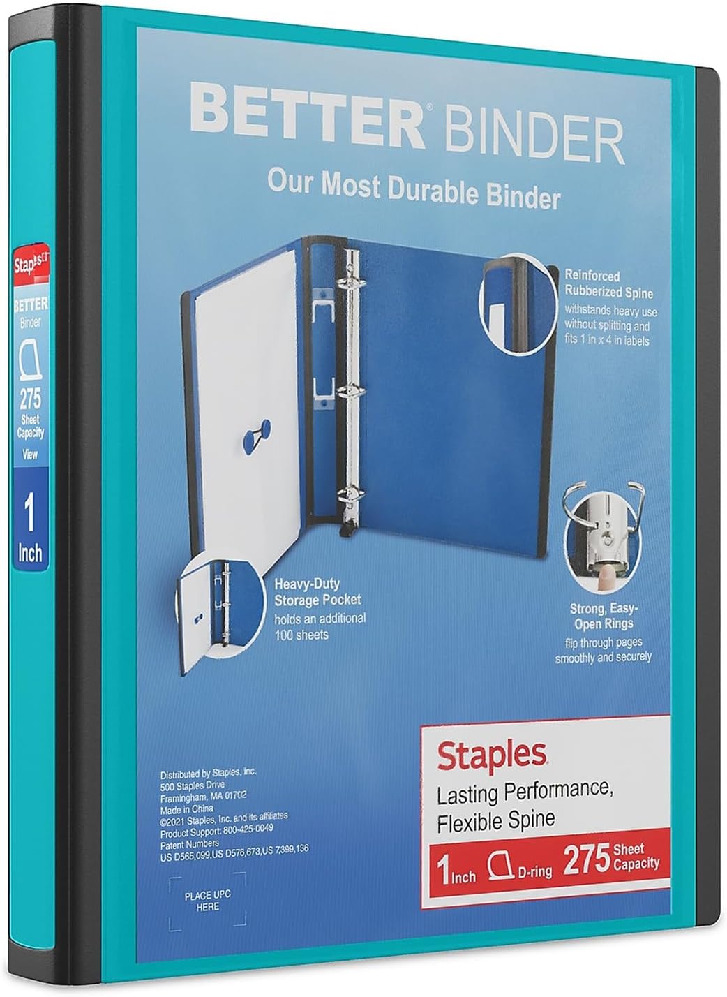 Staples Better Binder 2-Inch D-Ring View Binder, Reinforced Spine, Holds Up to 540 Sheets, Teal, for Office & School